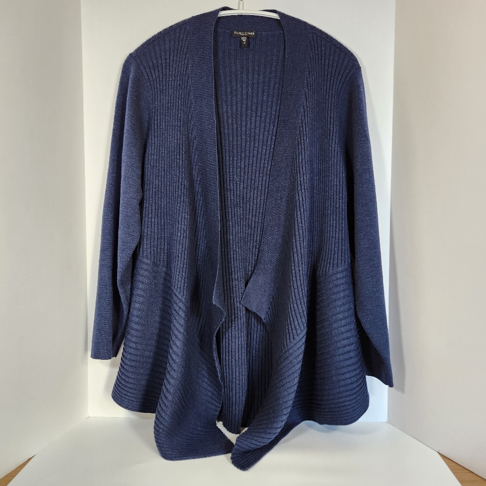 EUC Eileen Fisher 100% Merino ribbed cardigan waterfall XXL blue